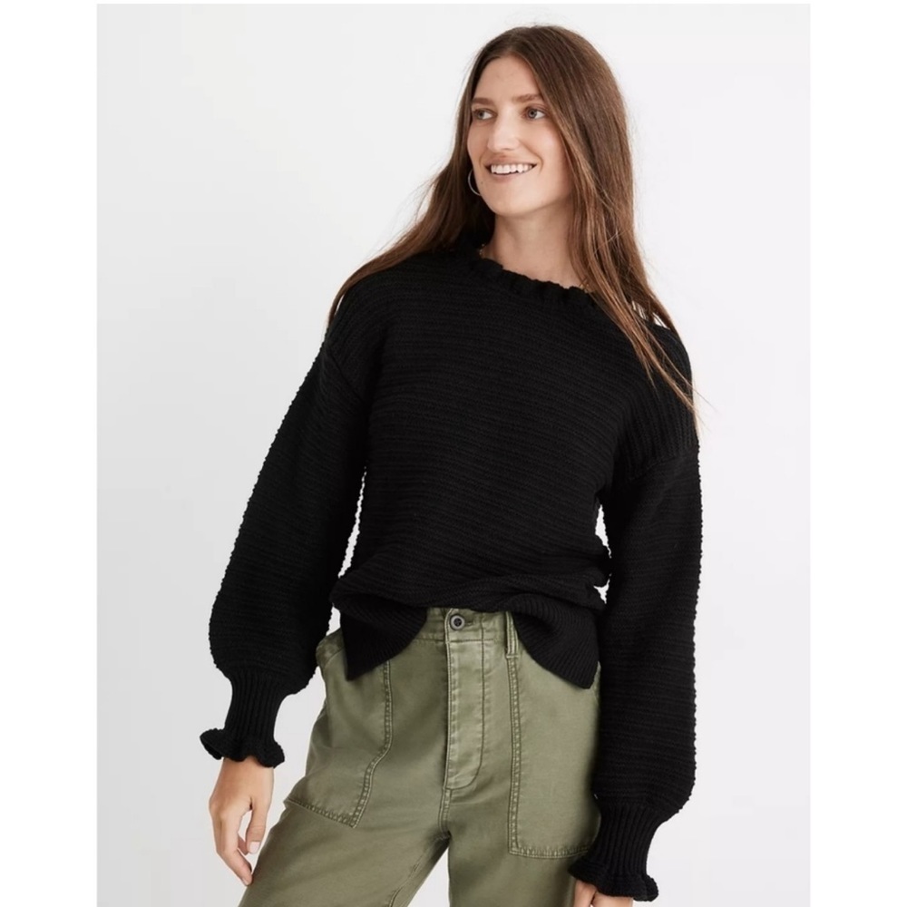 Madewell Ruffle-Neck Pullover Sweater in Cotton-Merino Yarn Black Size Small